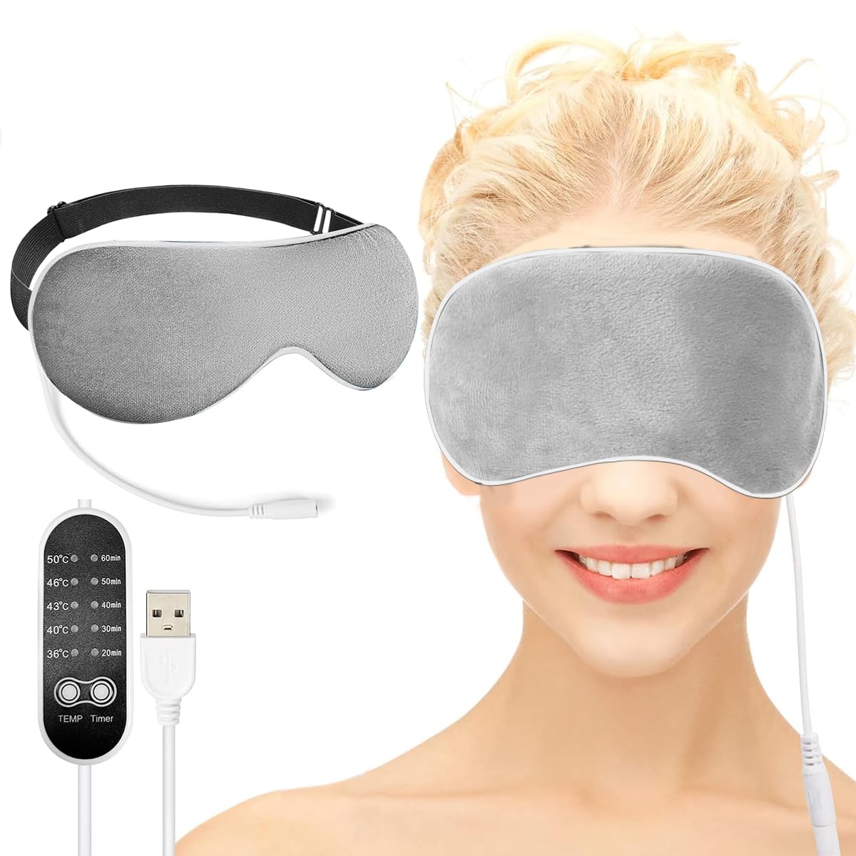 HANNEA® Alloy Steel Heated Eye Mask, Usb Wired Eye Mask With Temperature & Time Control, Warm Eye Compress Heating Pad For Sleep, Relieve Eye Strain, Puffy Eyes(Grey)