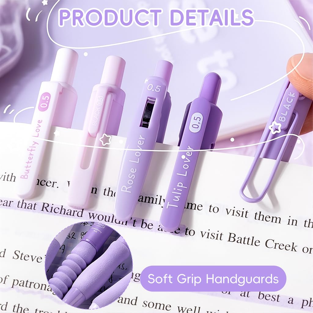 Zibuyu Click Pens 5 Pcs for School and Office with Foam Grips and Clip On Design | Smooth No Smudge Black Gel Ink