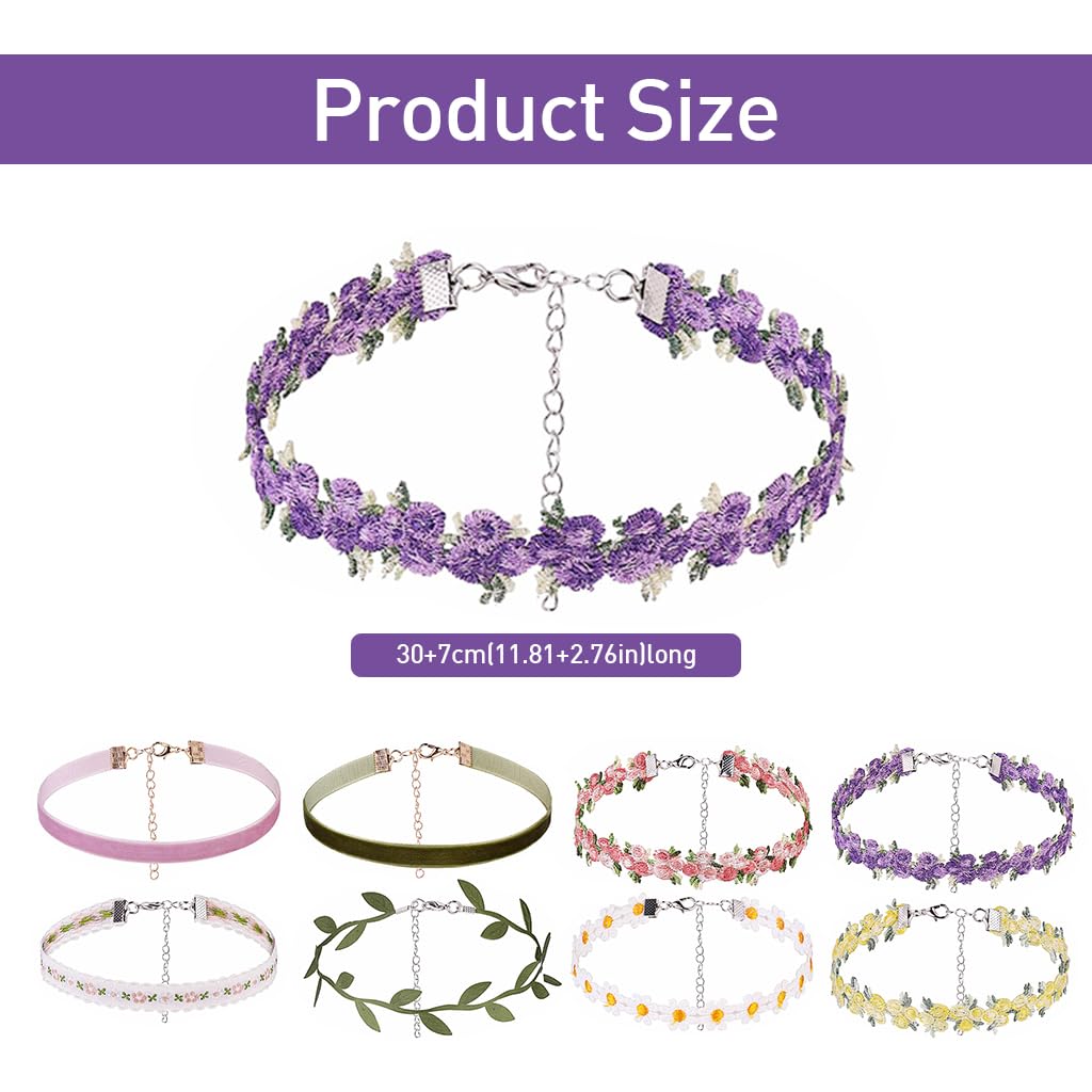 PALAY® 8Pcs Floral Choker Necklace for Women, Choker Set for Women Latest Design Lace Flower Chokers, Fashion Velvet Necklace Choker, Gothic Punk Daisy Chain Choker for Women Girls (Adjustable)