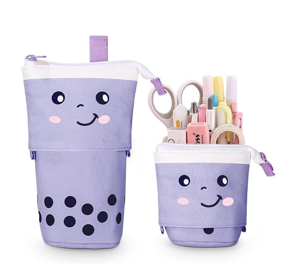 Zibuyu Telescopic Standing Pencil Case for School and Office with Dual Handles and Canvas Design | Cute Purple Boba Tea Holder for Girls