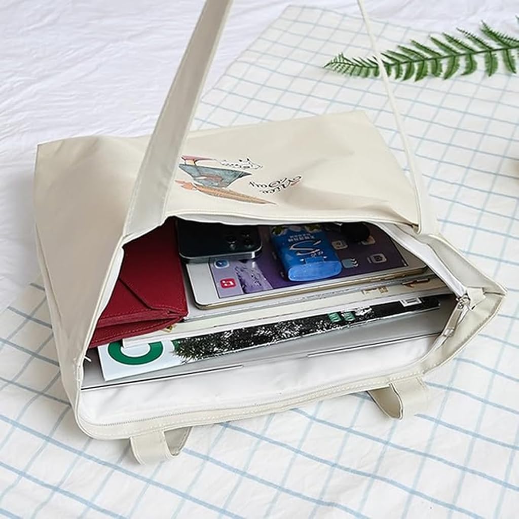 Zibuyu Cotton Canvas Tote Bag for Shopping and College with Graphic Print | Foldable & Washable White Bag for Women