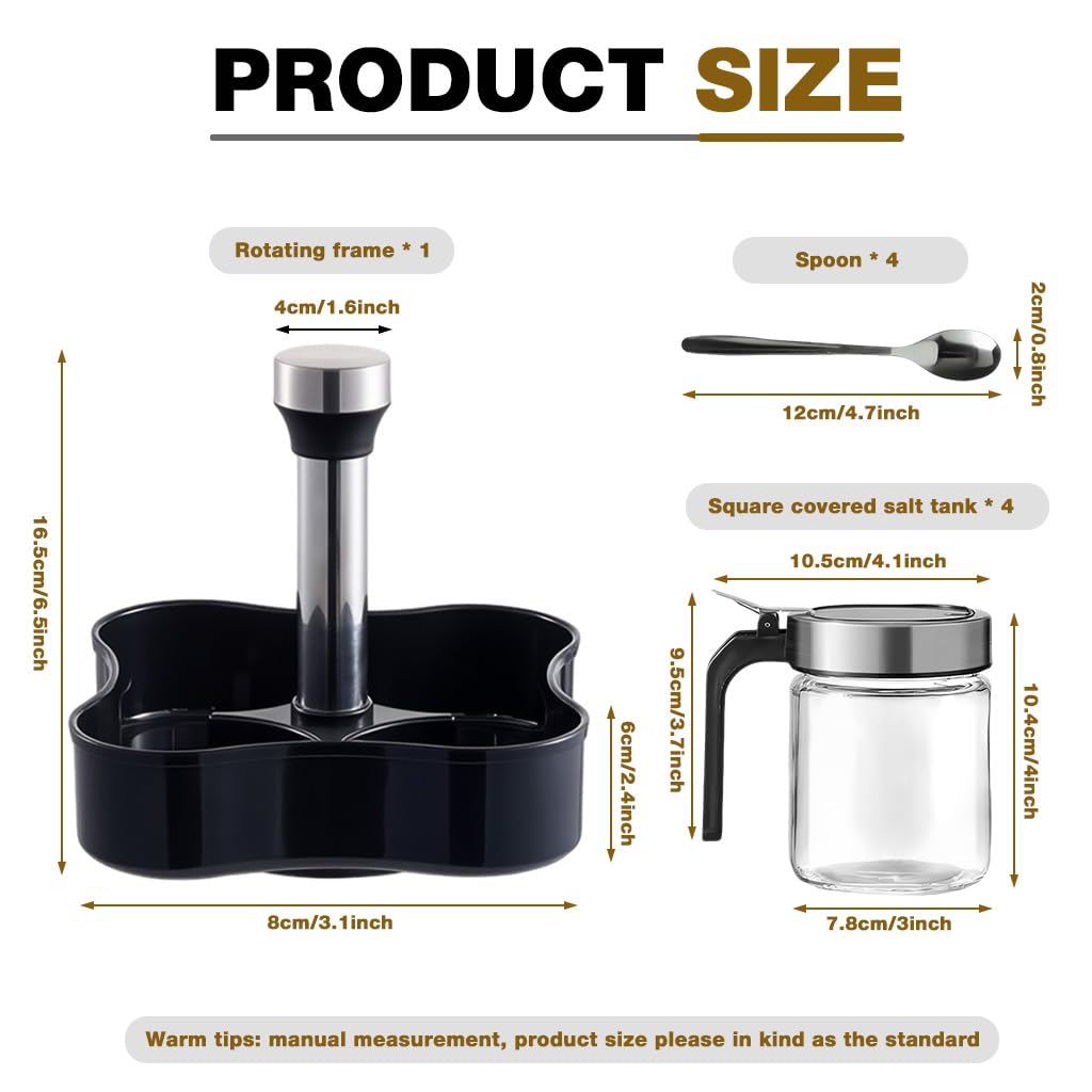 Supvox Spice Containers for Kitchen Storage with 4 Glass Jars 350ml & 360° Rotating Base