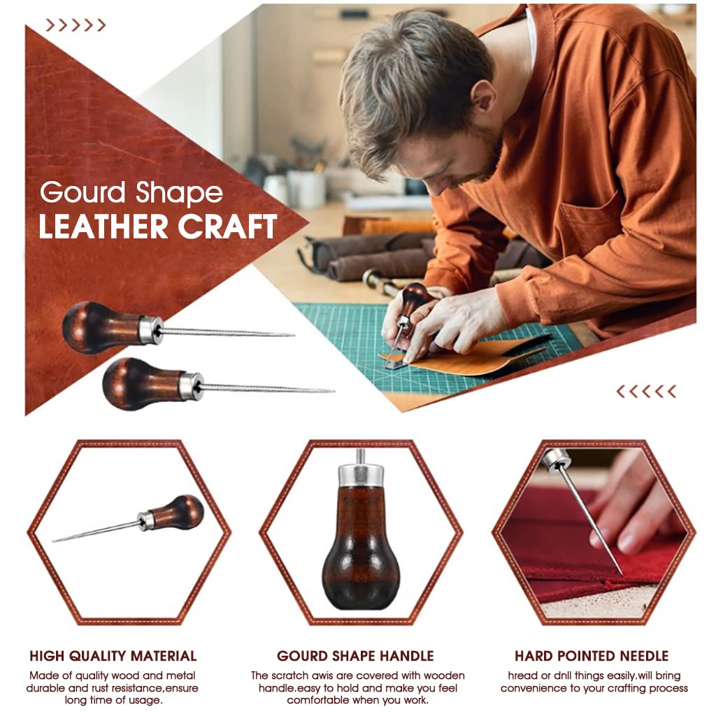 Supvox Stitcher Awl Tool for Leather Crafts with Wooden Handle and 4 Pcs 11.5 cm Set | DIY Sewing
