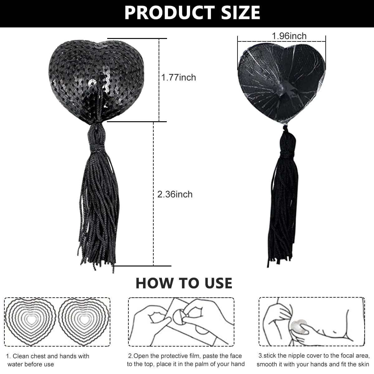 PALAY Nipple Cover for Party and Dance with 9 cm Tassel | Silicone Heart Black Pasties