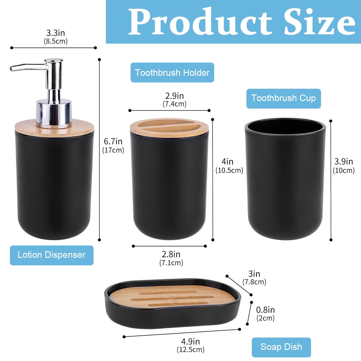 ZIBUYU Bathroom Accessories Set for Modern Decor with Matte Black Finish | 4 Piece Plastic and Bamboo Organizer