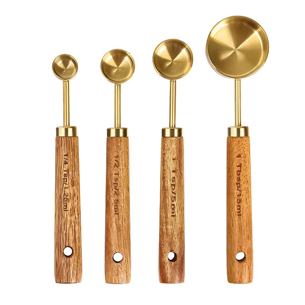 Supvox  Measuring Cups and Spoons Set of 8, Stainless Steel Measuring Cups and Spoons with Wood Handle, Golden Polished Finish, Baking Tools, Dry & Liquid Measuring Cup for Cooking and Baking