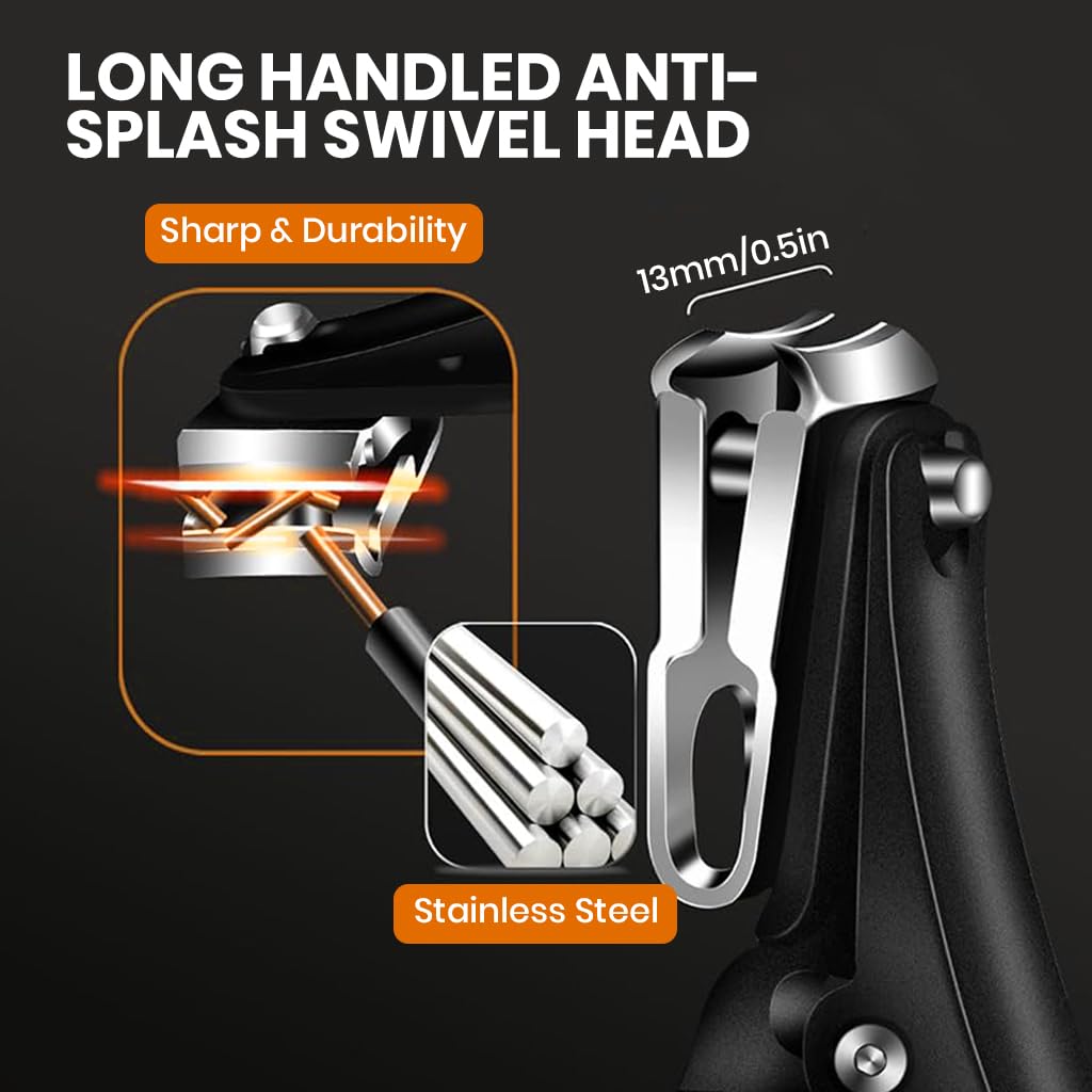 MAYCREATE Nail Clipper for Thick Nails with 360° Flexible Cutter and 4.5 in Long Handle | Stainless Steel Anti-Splash Blade