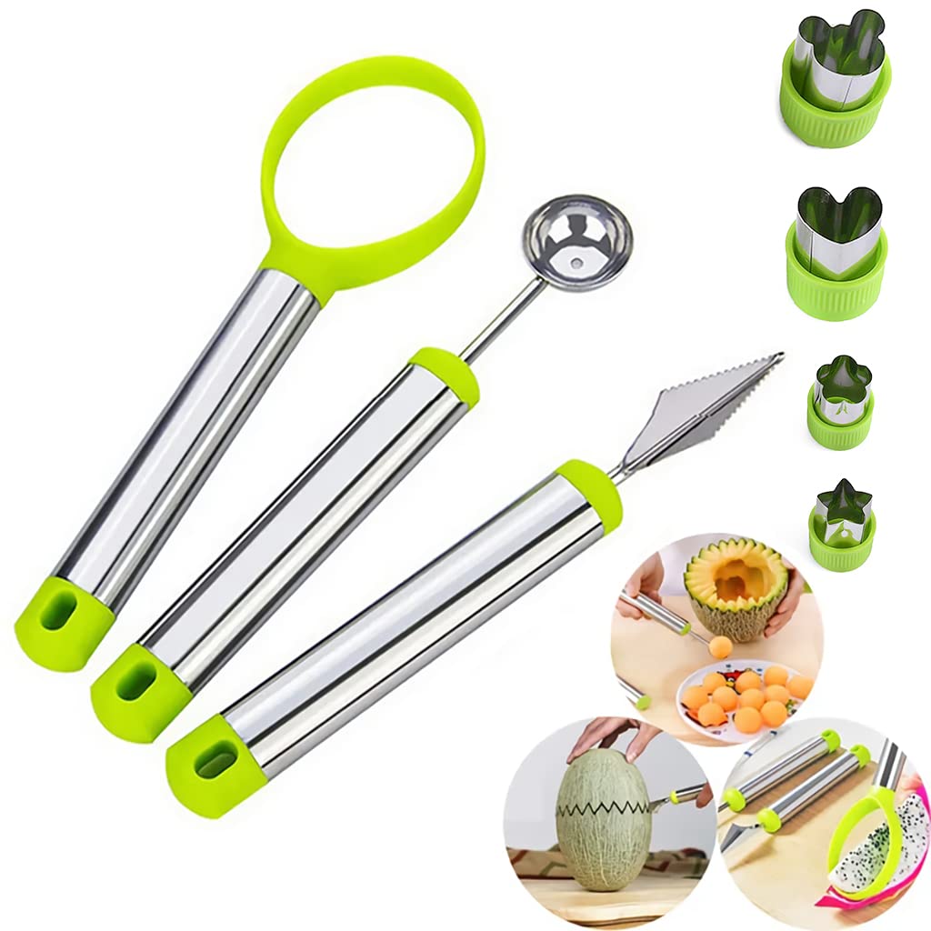 HASTHIP® 7Pcs Fruit Cutter - Vegetable Cutter Shaper Mold Set with Carving Tools, Fruit Platter Ice Cream Scoop Spoon, Fruit Seed Remover Ring and 4 Creative Moulds for Fruit, Vegetable, Cookies