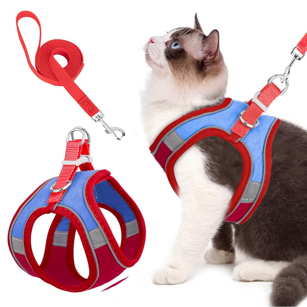 Qpets® Cat Harness with 1.5m Leash, Cat Belt Adjustable Size Breathable Cat Vest Strap with Safety Reflective Strip, Cat Leash with Harness for Small Cat and Dog (M, Red)