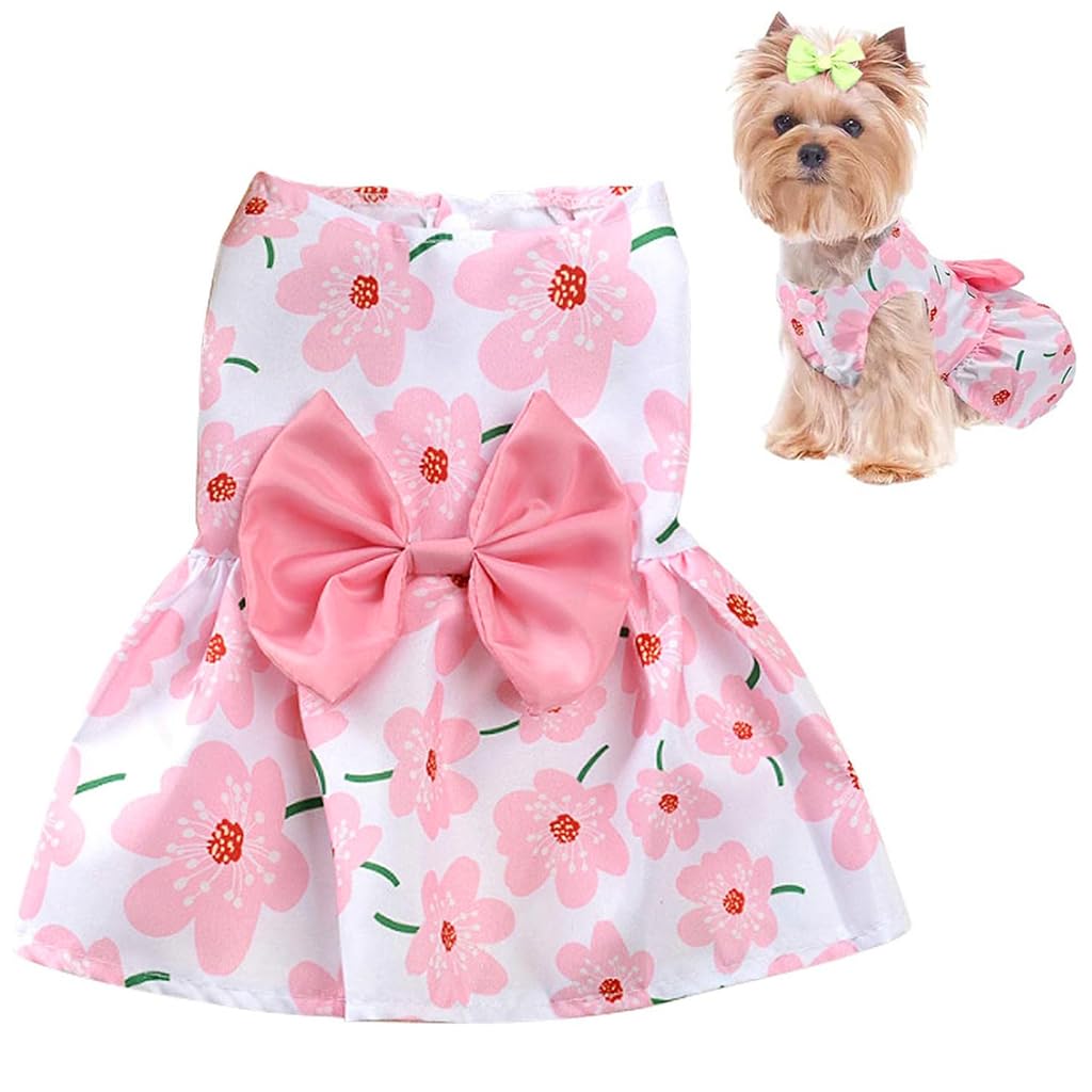 ZIBUYU® Dog Clothes for Small Medium Dogs and Cats Cute Floral Print Dog Dress with Pink Bow Summer Dog Cat Dress Birthday Party Puppy Pet Clothes for Daily, Walking - Size M