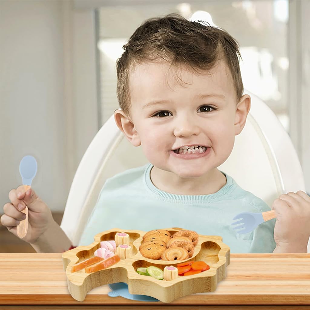 SNOWIE SOFT Baby Plate Kit for Toddlers with 3 Pcs Set featuring Suction Cup Bamboo Dish | BPA-Free and Dishwasher Safe