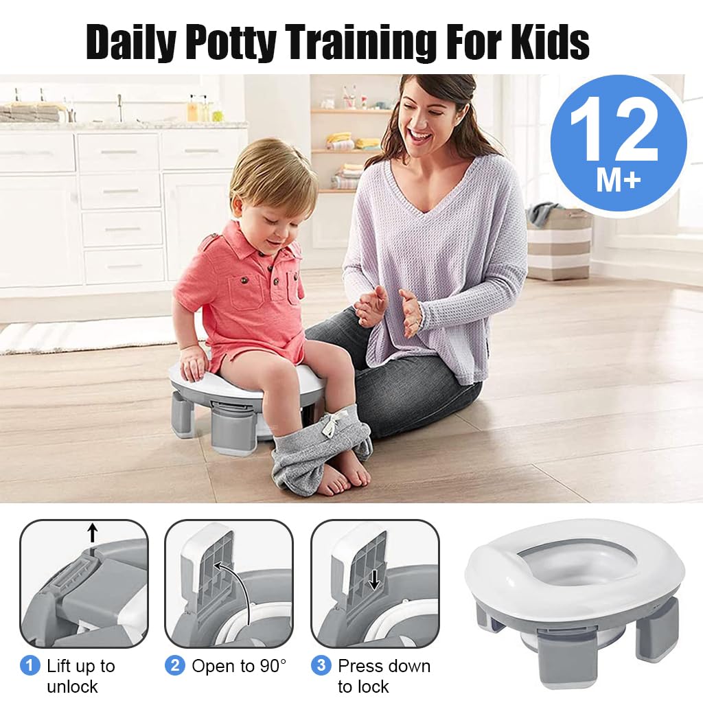 SNOWIE SOFT® Potty Seat for Kids 3-5 years, Portable Potty Seat for Kids Travel Baby Toilet Seat for Kids, Potty Training Seat Baby Potty Seat for 0 to 5 Years with Storage Bag & 20Pcs Trash Bag, Grey