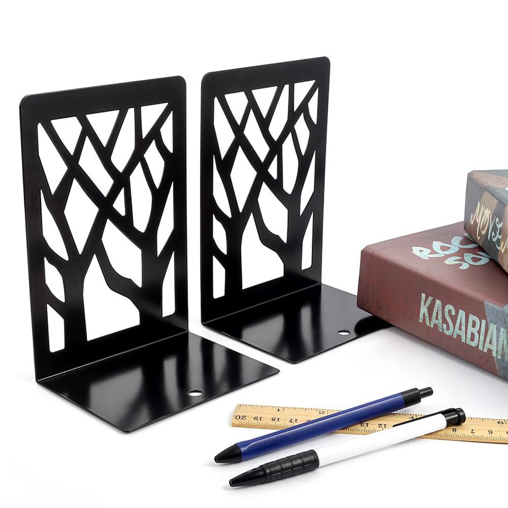 ZIBUYU Metal Bookends for Desk with Non Slip Rubber Base and Tree Design | 2Pcs 16cm Black