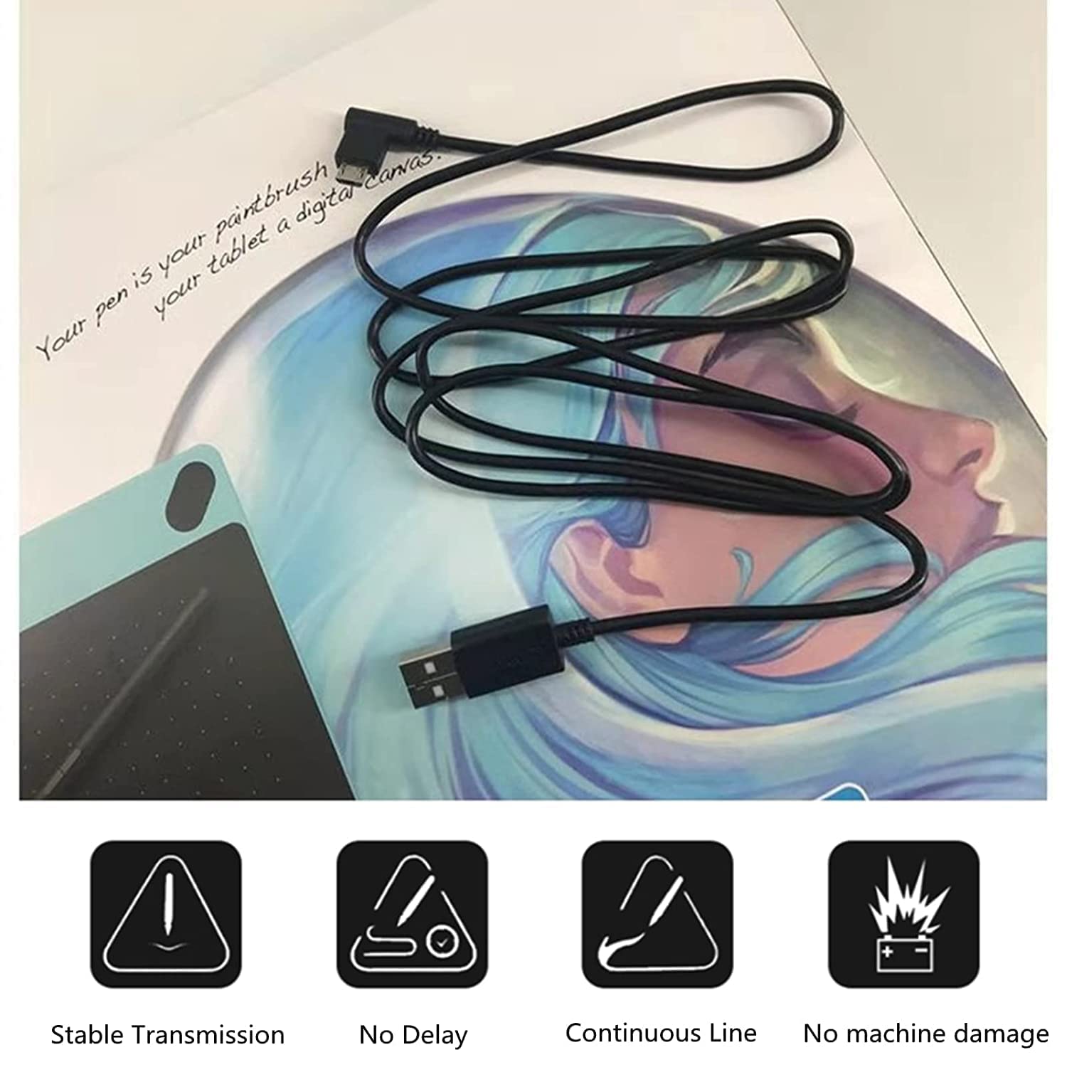 ZORBES USB Cable for Wacom Tablet with 1.5m Length and Intelligent Chip | Black PVC