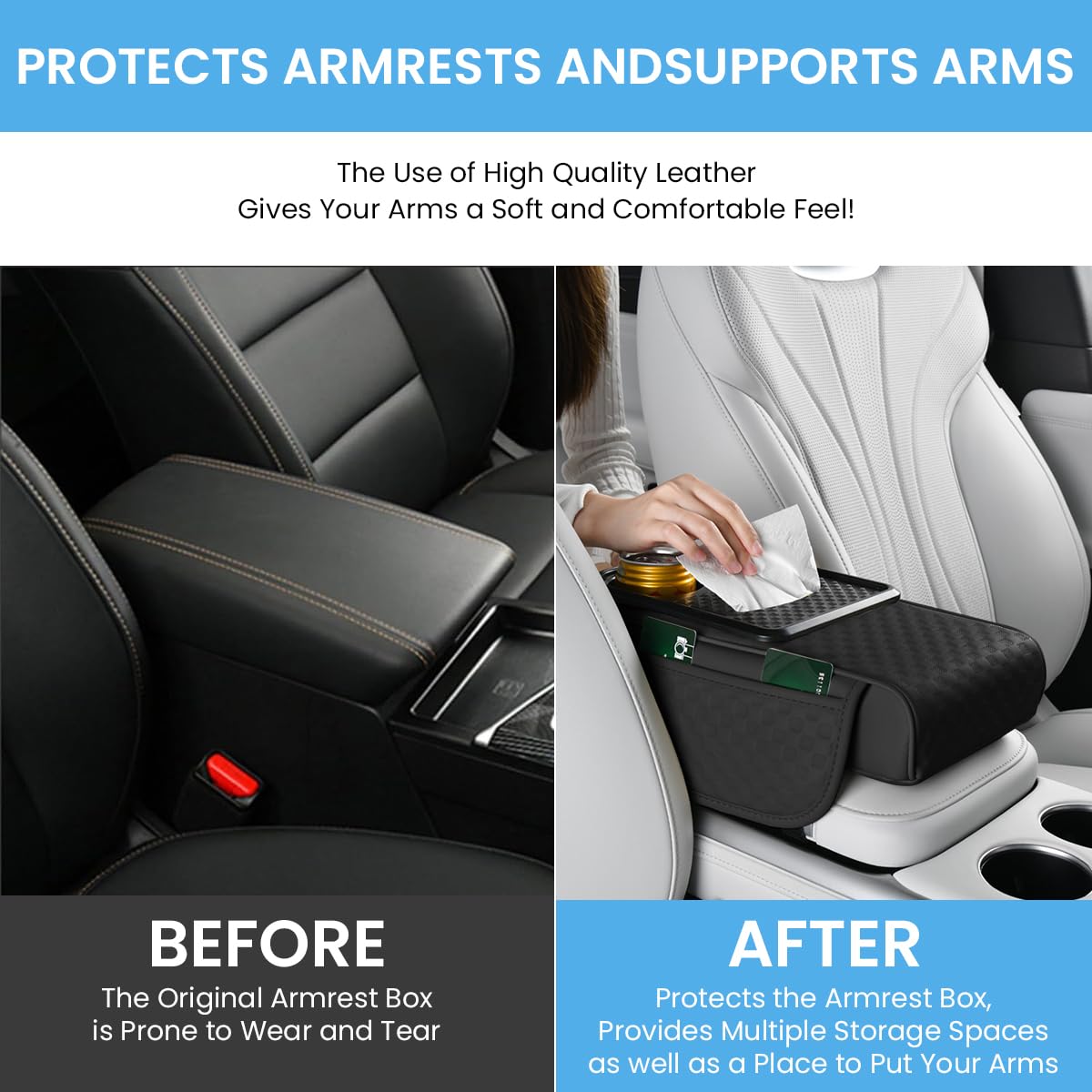 STHIRA Car Armrest Cushion for Driving Comfort with 4 in 1 Cup Holder and PU Leather 35 x 7 x 19cm