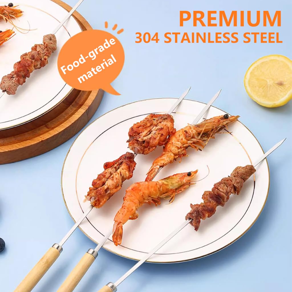 HASTHIP BBQ Skewers 25 pcs for Grilling with 12.9 in Flat Arrow Tips and 9 cm Wooden Handles | Stainless Steel Set with Storage Tube