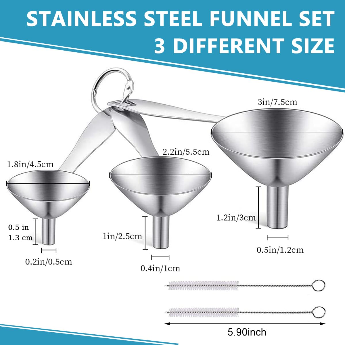 Supvox Stainless Steel Kitchen Funnel Set for Liquids and Spices with Long Handle | 3 Sizes 0.5in 0.8in 1.2in and 2 Cleaning Brushes