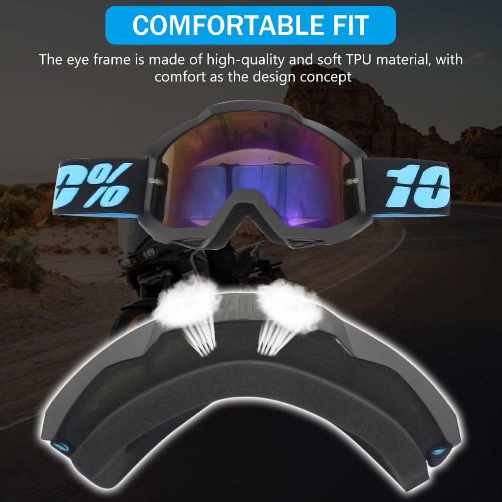 Proberos Motorcycle Goggles for Dirt Bike and ATV Riding with UV Protection Foam Padding and Adjustable Headband Blue
