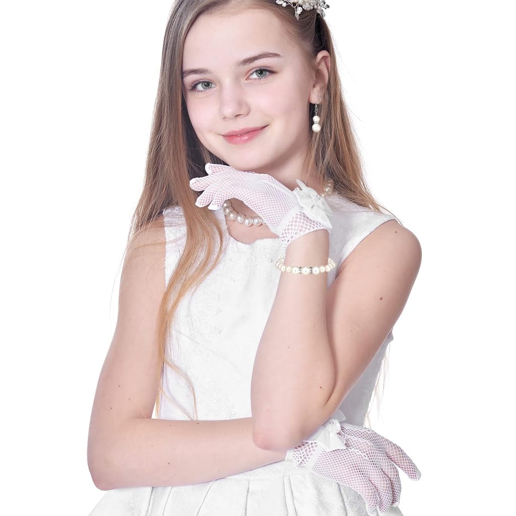 SNOWIE SOFT 4Pcs Girls Jewelry Dancing Party Dressing Kit Lace Bow Gloves Jewelry Set with Pearl Earrings, Pearl Necklace, Bracelet Girls Jewelry Lace Gloves Kit for Ball, Party