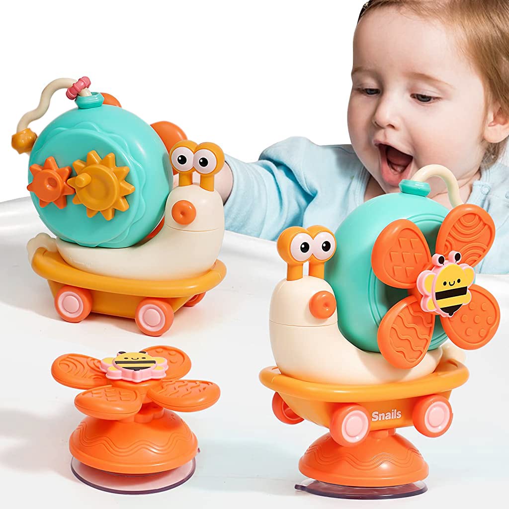 PATPAT® Baby Bath Toys Cartoon Snail Sensory Toys for Babies Newborn Toys Pull Back Car High High Chair Toy for Airplane Travel, Montessori Toys & Gifts for Toddlers Boys Girls 1-3 Years Old, Orange