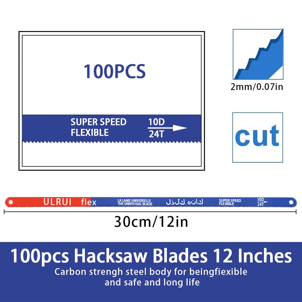 Serplex Hacksaw Replacement Blades 100pcs for Metal and Wood Cutting with 24 TPI Serrated Teeth | 12 in High Carbon Steel