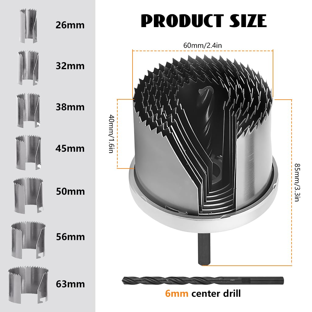 Serplex Spring Steel Hole Saws Set for Wood and Plasterboard with 7Pcs 26mm–63mm Blades