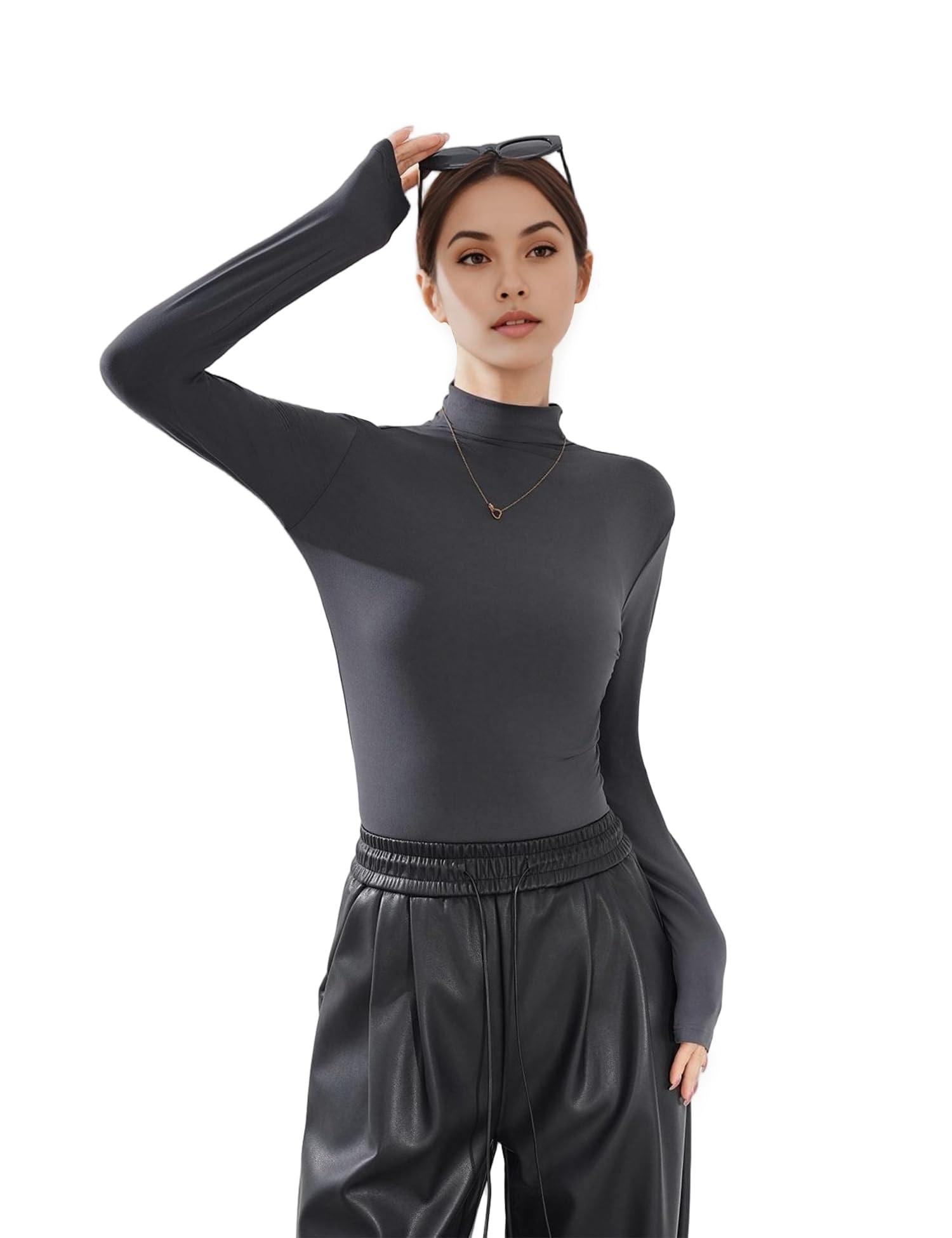 Venzina Women’s Long Sleeve Mock Neck Top for Fall and Winter Layering | Soft Stretch Slim Fit Pullover in Grey