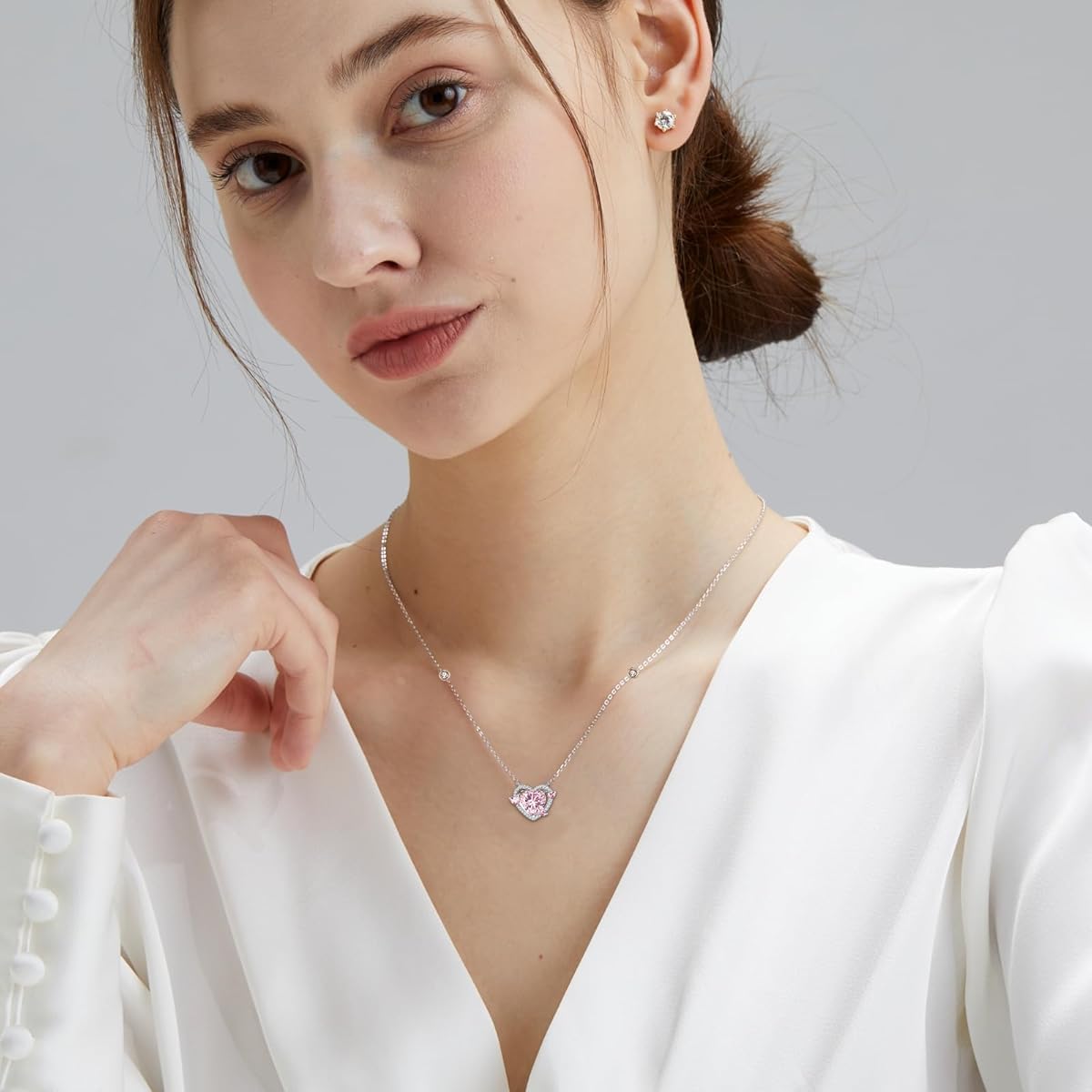 Zibuyu Necklace for Women with Pink Heart Pendant and Rhinestone Inlay | Gift Box Set