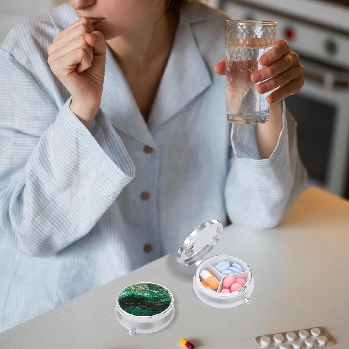 HANNEA Pill Box for Travel and Daily Use with 3 Compartments and Button Closure | Metal Case with Built In Mirror and Resin Art Lid, Green