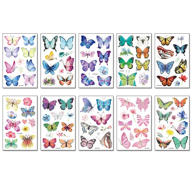 MAYCREATE® 10 Sheet Butterfly Tattoo Sticker, Temporary Sticker for Face Arm, Waterproof Temporary Tattoos for Birthday Parties, Group Activities, Party Tattoo Sticker