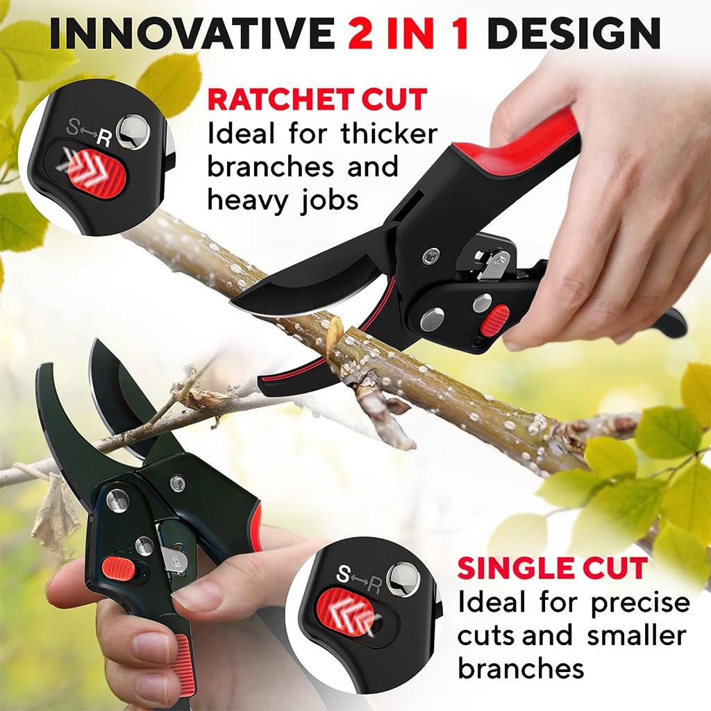 HASTHIP® Gardening Scissor with Safety Lock, Labor Saving Pulley Stainless Steel SK5 Blade Garden Snip, Garden Shears Sharp Cutter Pruners Scissor for Lawn, Garden & Potted Plants