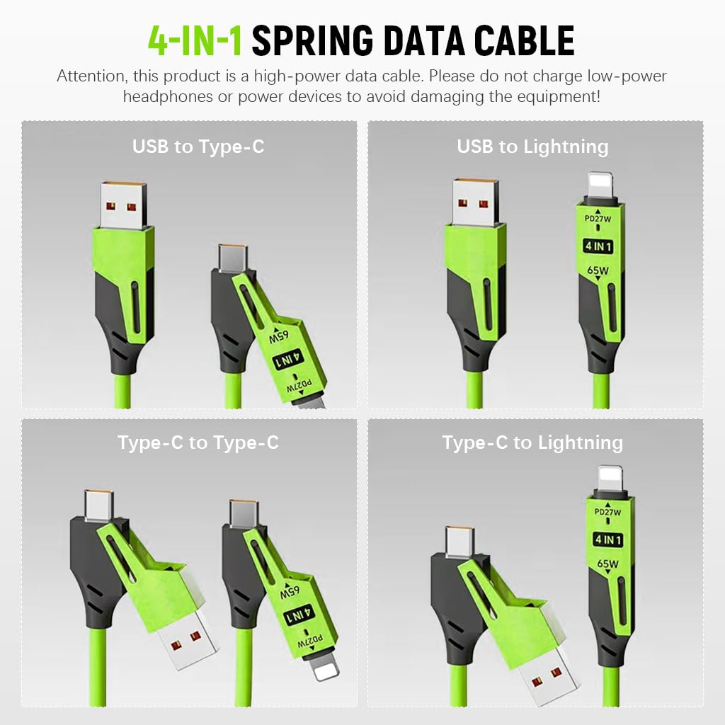 Verilux 4 in1 Type C Cable with Spring PD65W Fast Charging and 480Mbps Data Transfer | 3PCS Green