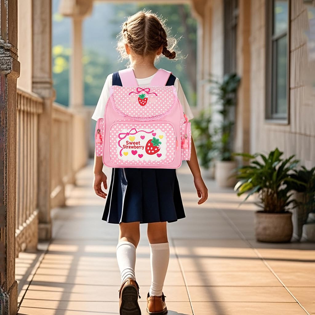 Zibuyu School Bag for Girls with 30x13x37cm Multi Pocket Canvas Design | Pink Strawberry Embroidery Backpack
