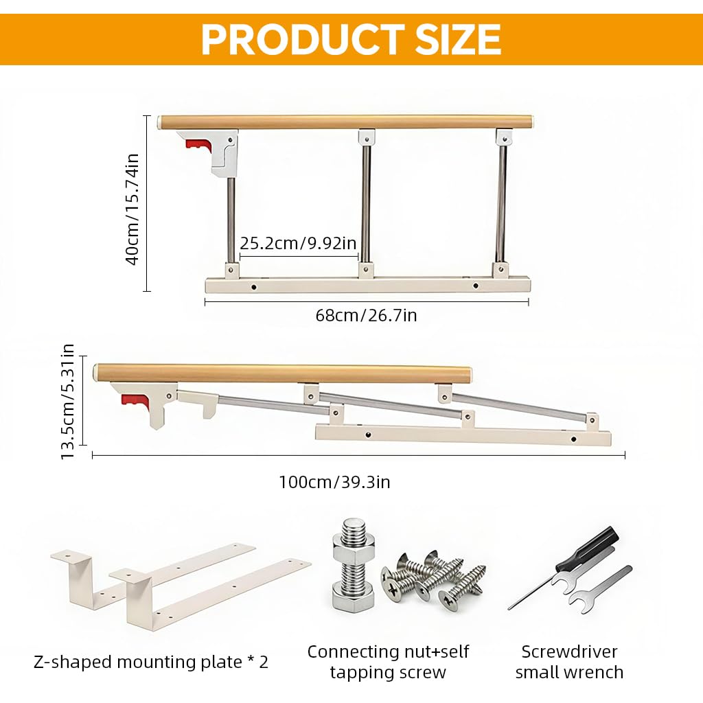 HASTHIP Folding Bedside Handrail for Safe Bed Access featuring Foldable Design & 68x40cm Stainless Steel Support | Ideal for Elderly and Patient Use