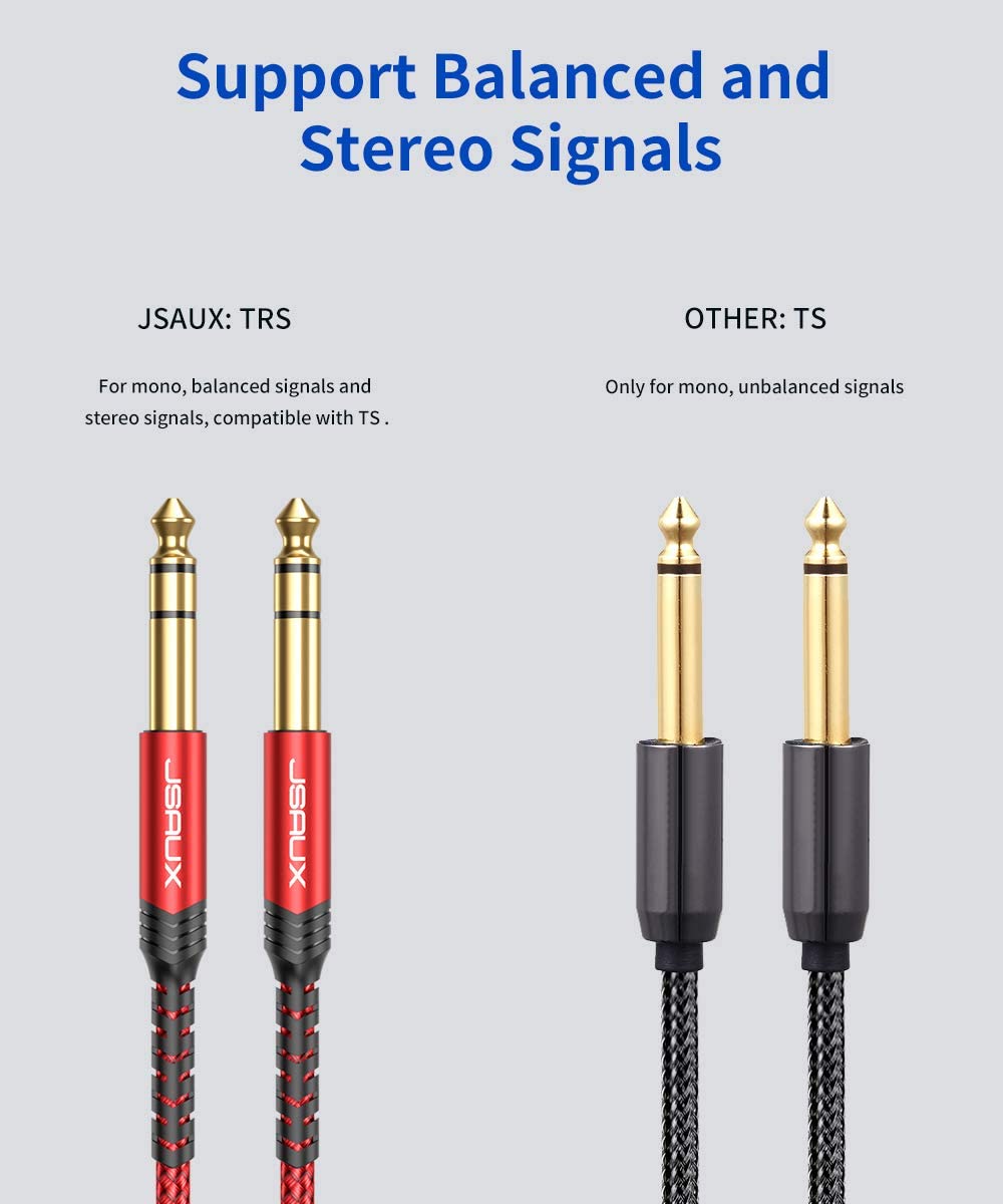 JSAUX 1/4 Inch Guitar Cable for Pro Audio Equipment with 6.6ft TRS Jack | Gold Plated Connectors