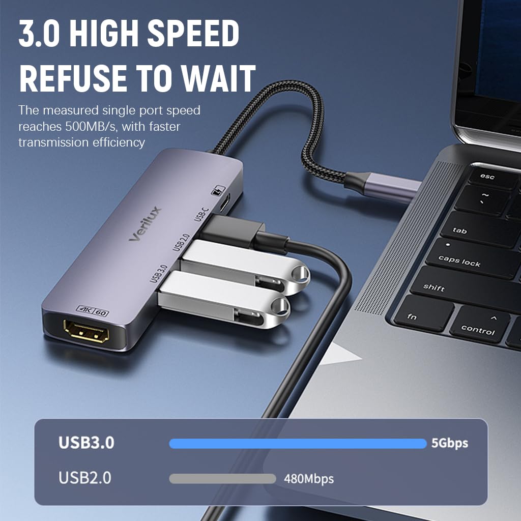 Verilux® 5 in 1 USB C HUB USB-C to HDMI, Dual USB Ports Design, Support 4K@60Hz Video Output & PD 100W Power Delivery, Plug and Go USB C Hub for Phone, Tablet, SSD Enclosure, Laptop, Monitor