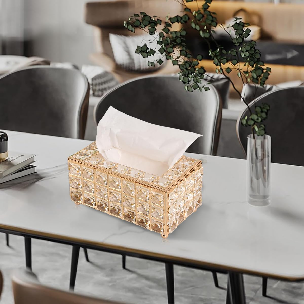 HASTHIP Tissue Box Holder for Home and Car with Crystal Glass Beads 7.4x4.3x3.9 in | Elegant Gold Finish