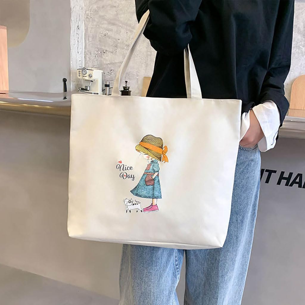 Zibuyu Cotton Canvas Tote Bag for Shopping and College with Graphic Print | Foldable & Washable White Bag for Women