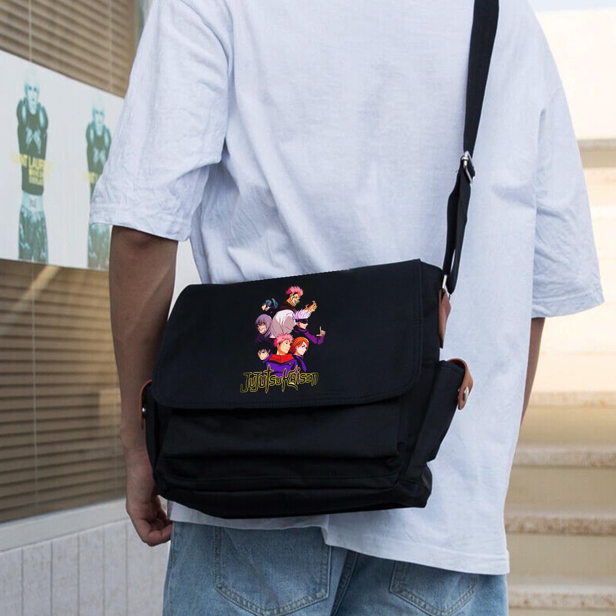 Venzina Sling Bag for Travel and College with 33x13x26cm Storage Canvas Black | Jujutsu Kaisen Print