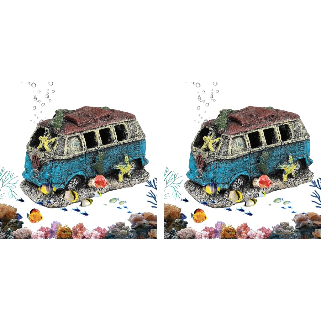 Qpets Aquarium Decorative Items for Fish and Shrimp featuring Vintage Old Bus Cave 13x7.5x8cm 2pcs