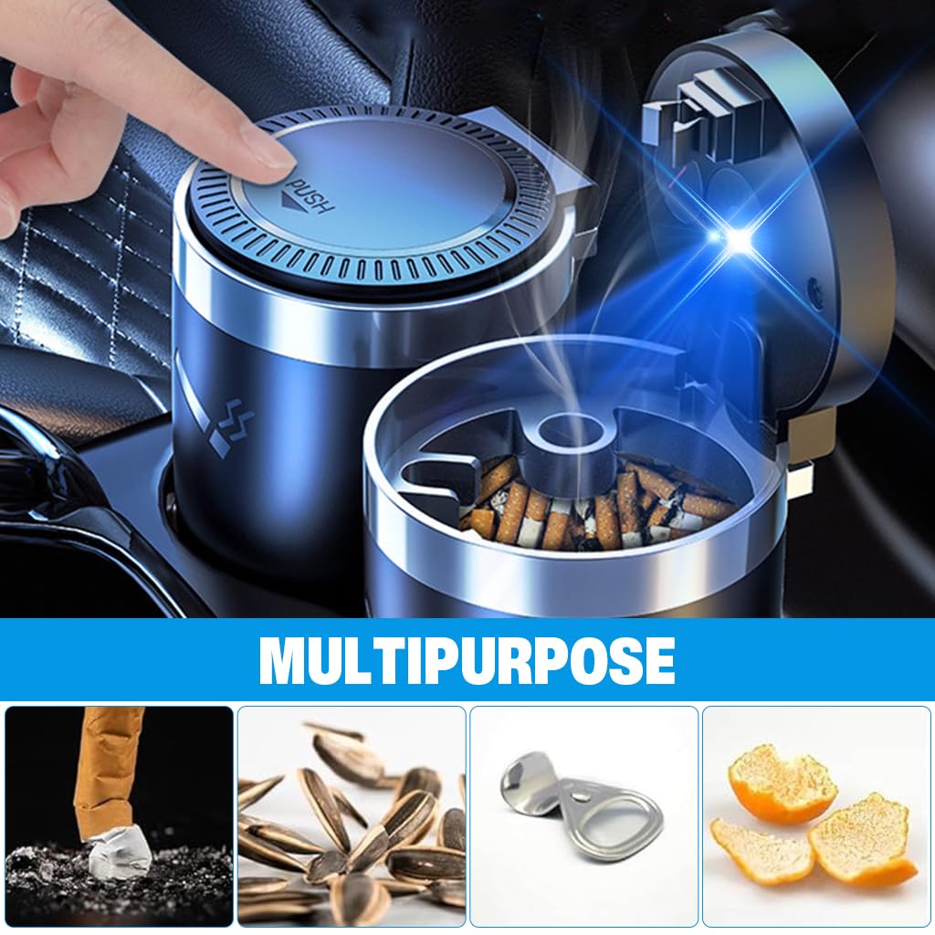 STHIRA Car Ashtray for Auto and Home with One Touch Flip Lid and Built In Light | Metal Alloy Lined Anti Odor Design