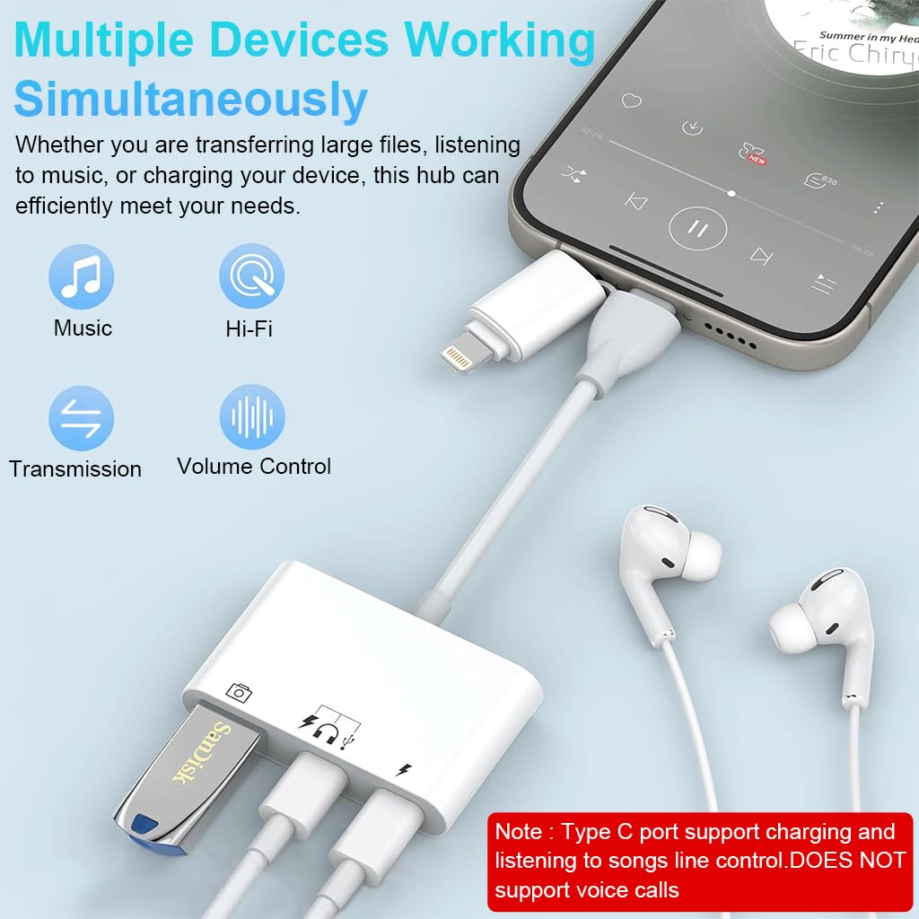 ZORBES® USB Hub for iPhone 5 in 1 USB 3.0 Hub USB C Hub with Light-ning Converter USB C Hub USB C to USB C Light-ning to USB C Multifunction Card Reader Support PD60W Fast Charging