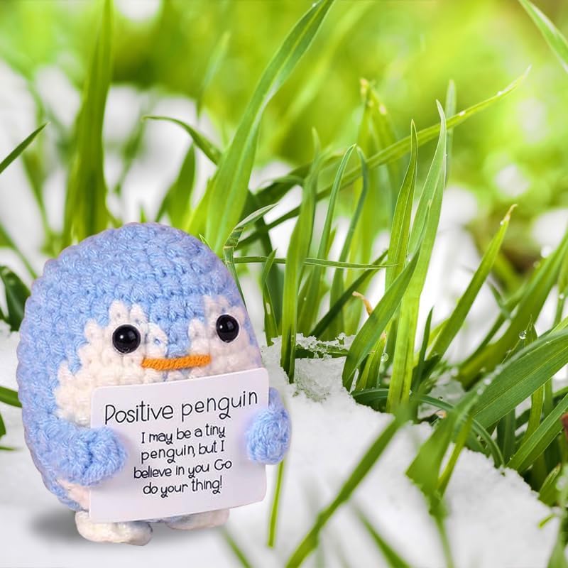 ZIBUYU Handmade Crochet Penguin Toys for Desk Decor with Positive Message Card Blue 2PCS
