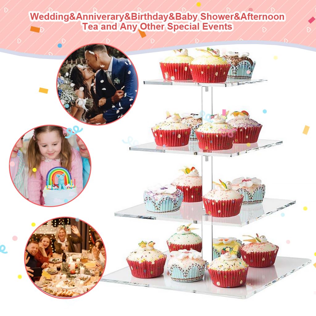 Supvox Acrylic Cake Stand for Cupcakes and Desserts featuring 4 Tier Square Design 15.7 in | Clear Display for Parties