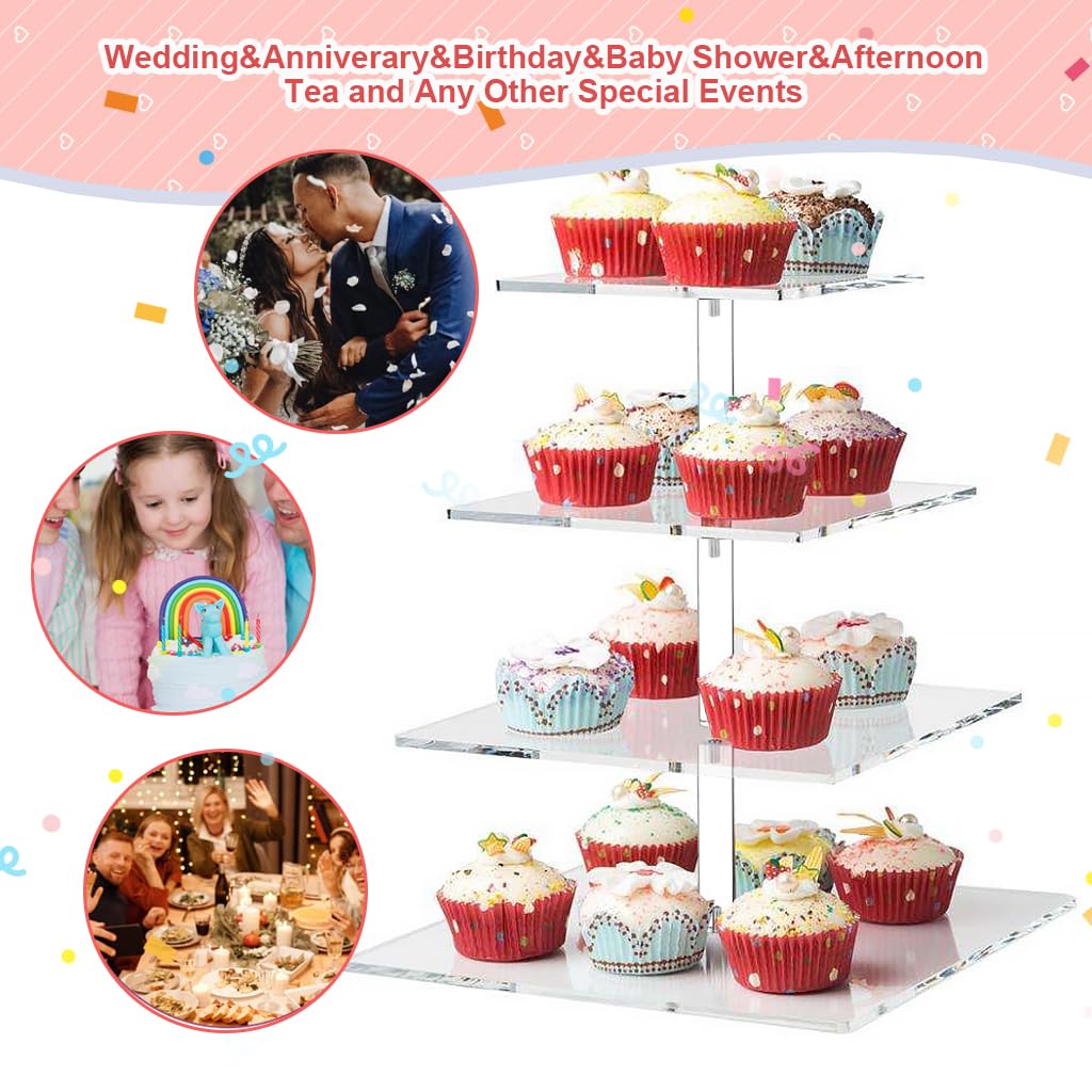 Supvox® 4 Tiered Cupcake Stand Square Acrylic Cake Stand for Birthday Fruit Dessert Cupcake Tower Display Stand Buffet Stand Food Rack Snack Platter for Hosting Guest Party Wedding Christmas Decor