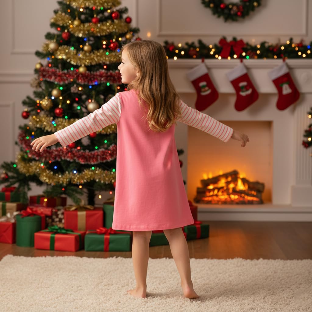 SANNIDHI Christmas Dress for Girls featuring Striped Long Sleeves and 120 cm Pink Cotton | Festive Tree Print Nightgown for Parties or Homewear