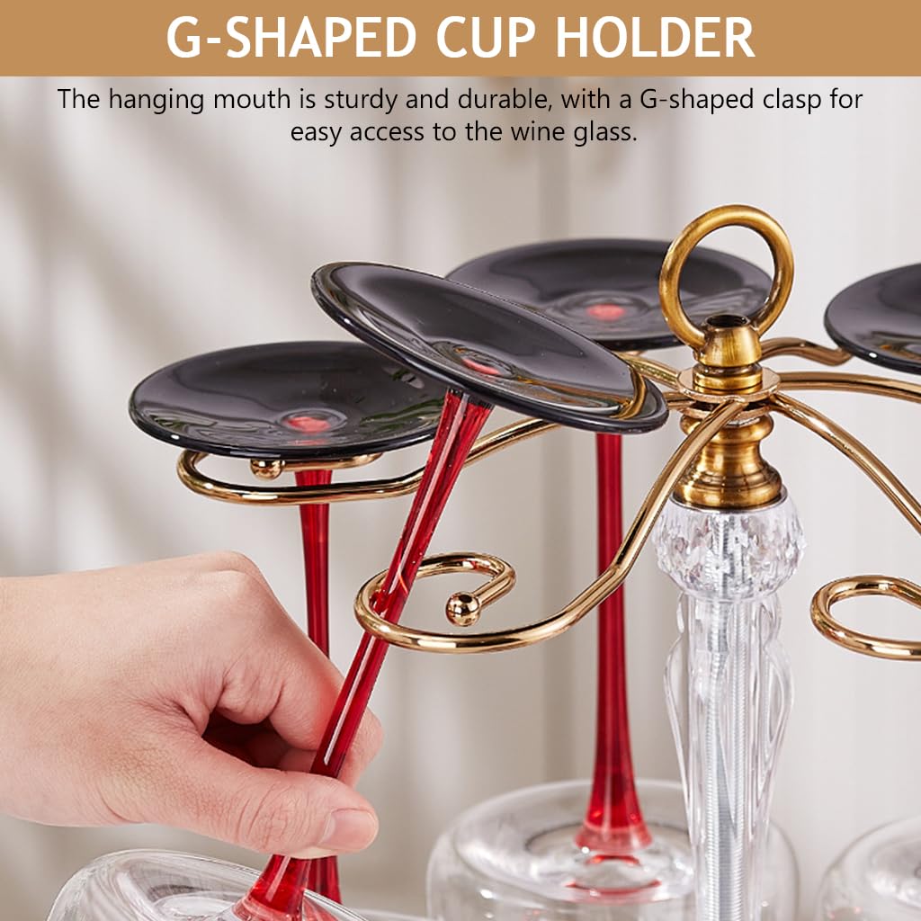 Supvox Metal Wine Glass Holder for 6 Goblets featuring Spiral Hooks and Crystal Pole | Gold Stainless Steel Countertop Rack 26x32 cm