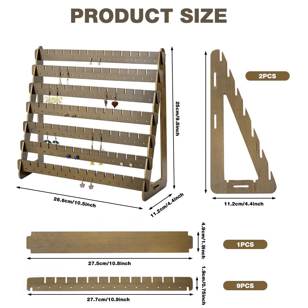 HASTHIP Earrings Organizer for Studs and Hooks with 98 Holes and 91 Slots | Wooden 7 Row Display Stand
