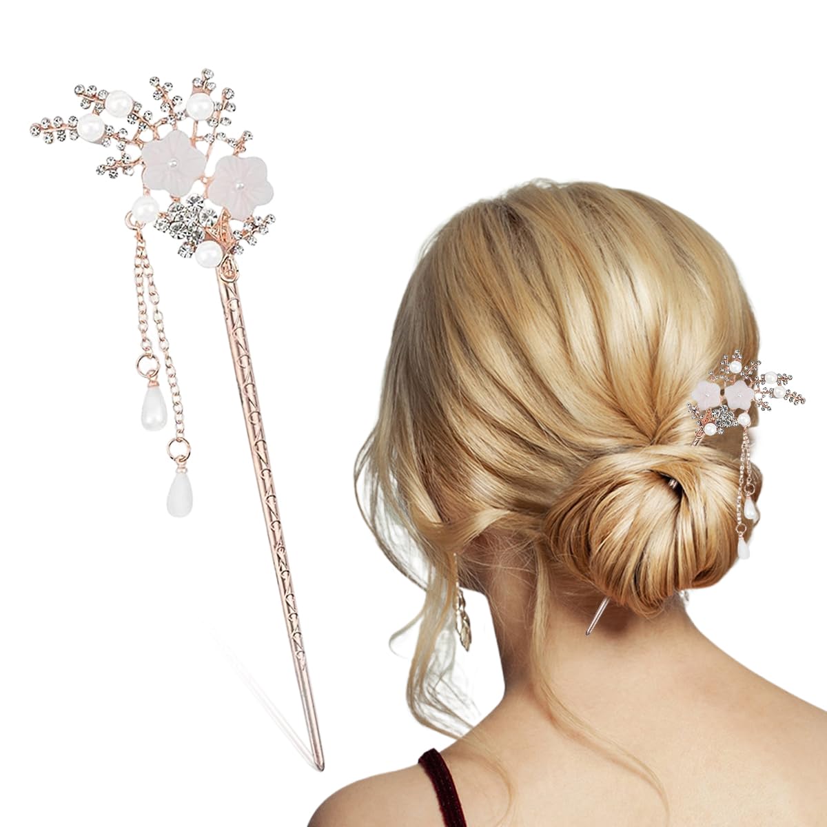 Venzina® Hair Stick for Bun Rhinestone Pearl Tassel Hair Pins for Women Juda Stick Vintage Alloy Floral Hair Chopsticks Chinese Hair Chignon Pins Hair Accessories for Women Girls - Pink