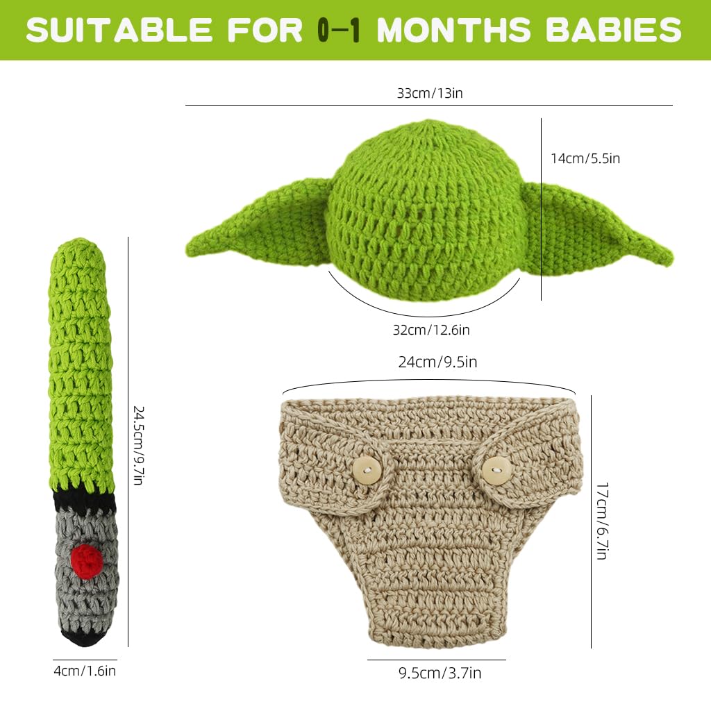 PATPAT Baby Yoda Crochet Costume Set for Newborn Photoshoots with Hat and Lightsaber Toy | Soft Green Yarn Outfit for 0–1 Month Boys